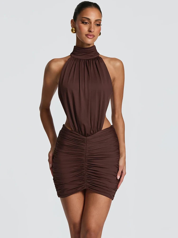 Noelani Halter High-Neck Cutout Mini Dress