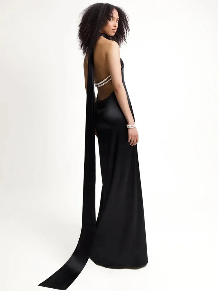 Rosamund Pearl Halter Backless Maxi Dress