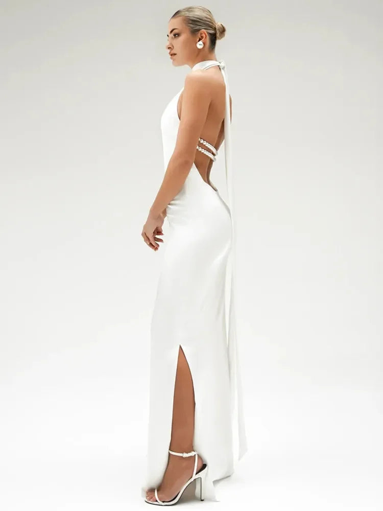Rosamund Pearl Halter Backless Maxi Dress