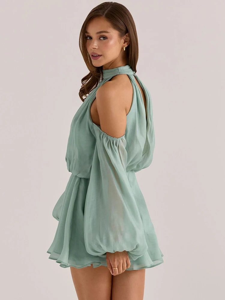 Ondine Halter Off-Shoulder Puff-Sleeve Mini Dress