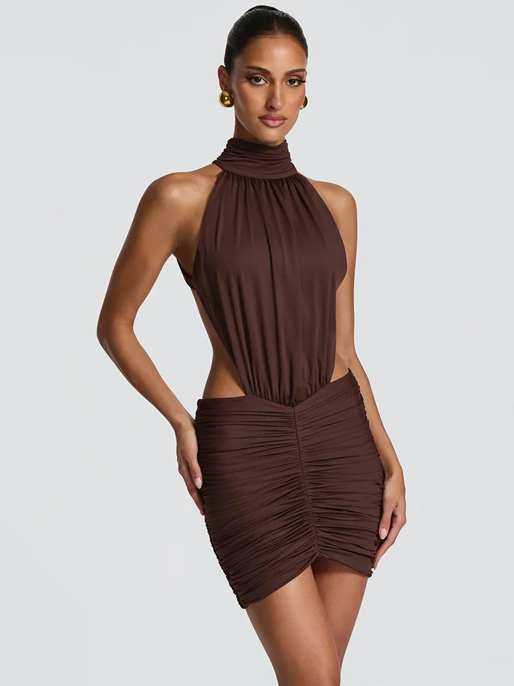 Noelani Halter High-Neck Cutout Mini Dress