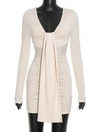 Palmer Long-Sleeve Deep-V Front-Tie Mini Dress