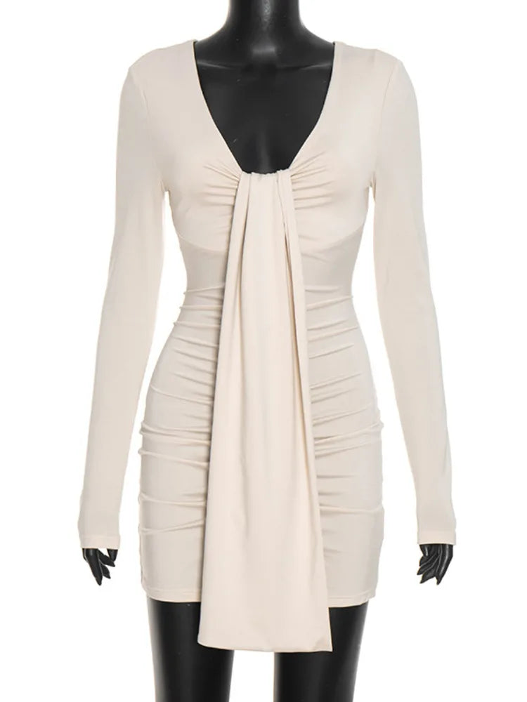 Palmer Long-Sleeve Deep-V Front-Tie Mini Dress