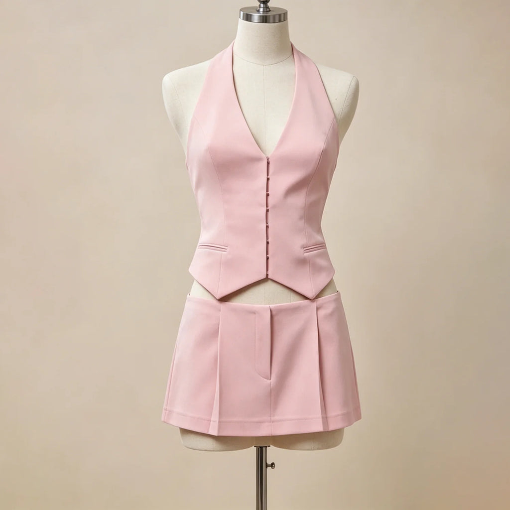Mireille Halter Vest & Pleated Mini Skirt Set