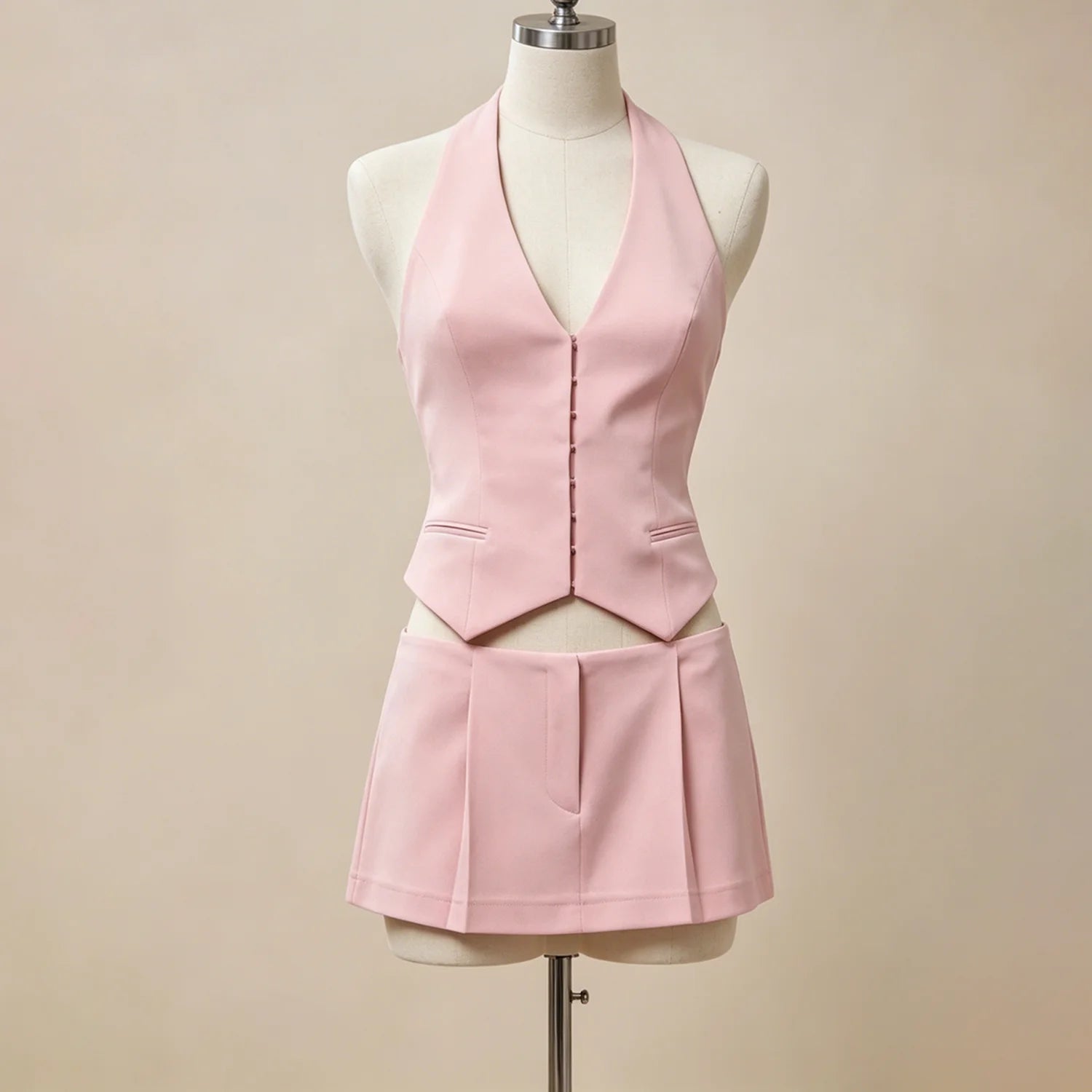 Mireille Halter Vest & Pleated Mini Skirt Set
