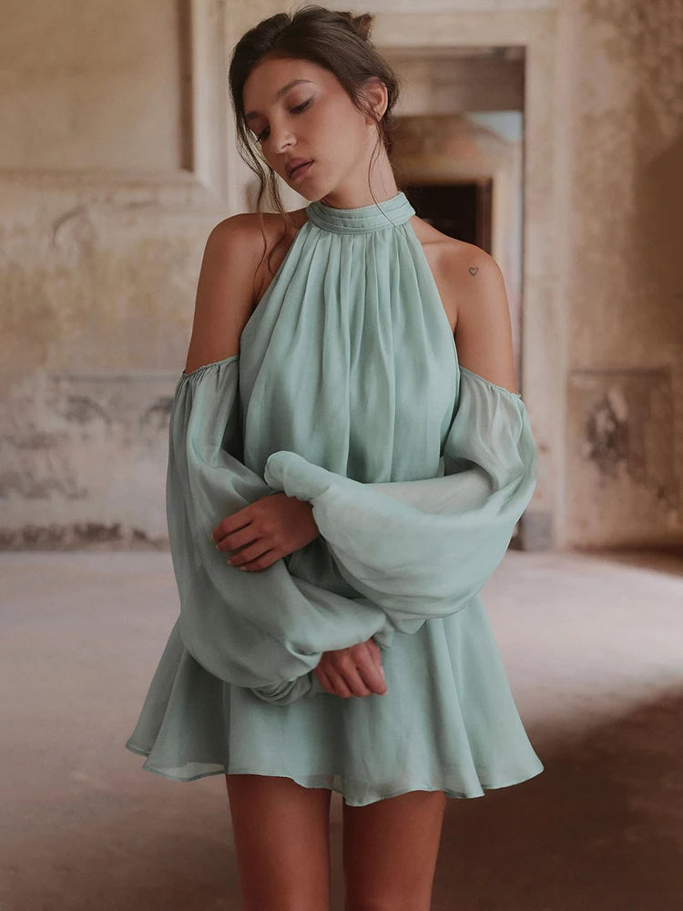 Ondine Halter Off-Shoulder Puff-Sleeve Mini Dress