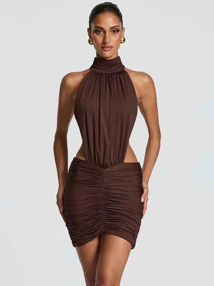 Noelani Halter High-Neck Cutout Mini Dress
