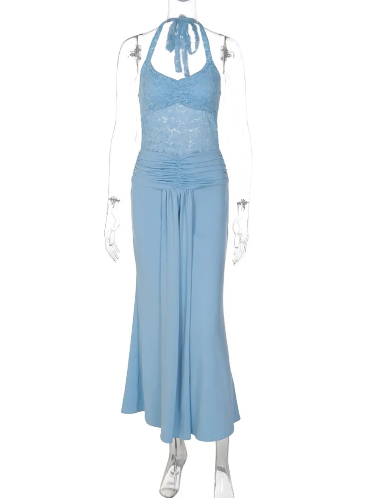 Saffron Lace Mesh Halter Maxi Dress