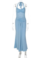 Saffron Lace Mesh Halter Maxi Dress