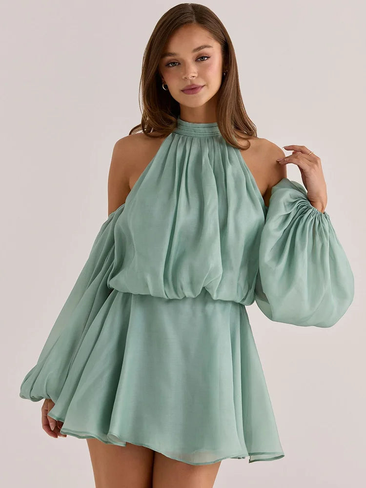 Ondine Halter Off-Shoulder Puff-Sleeve Mini Dress