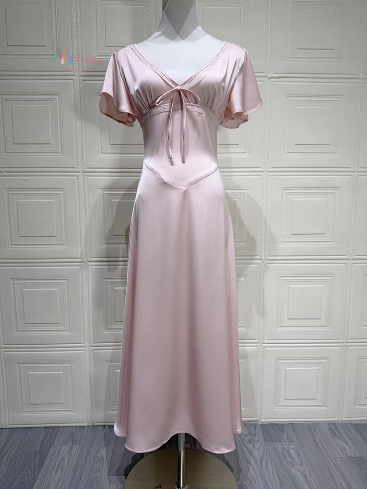Sabrina Satin Deep-V Midi Dress
