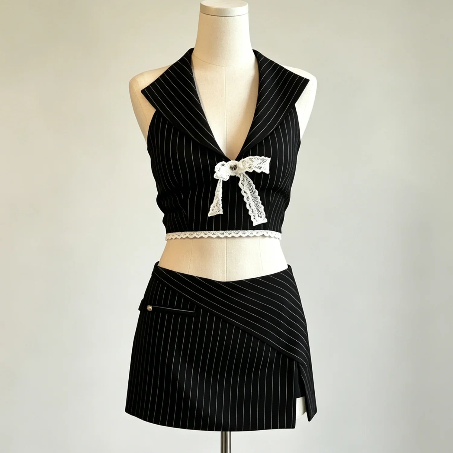 Kensington Lace Bow Halter Crop Top & Mini Skirt Set
