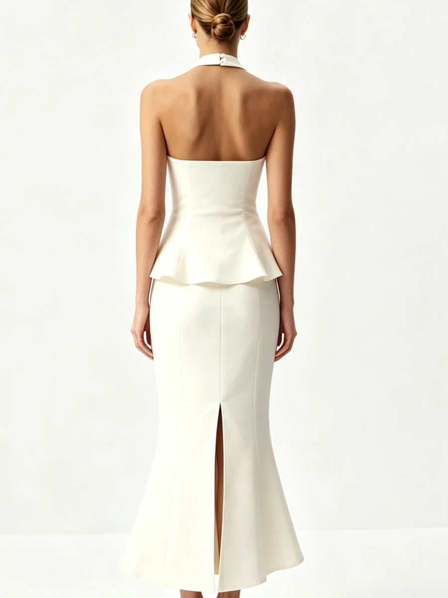 Josette Halter Peplum Fishtail Midi Dress
