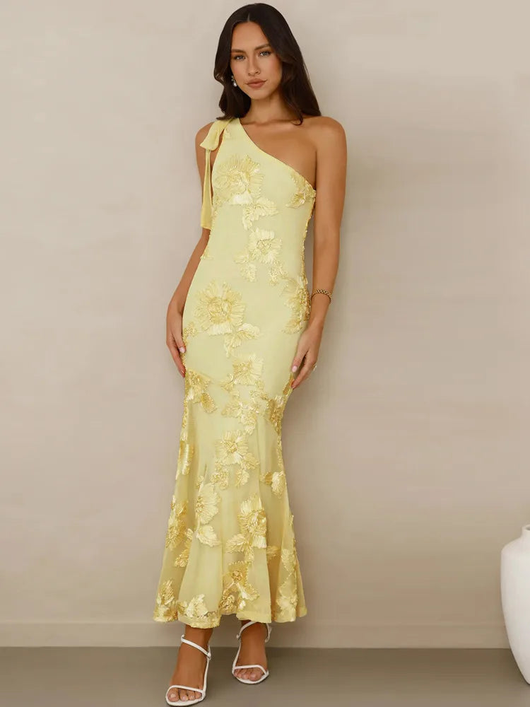 Lumen One-Shoulder Floral Applique Maxi Dress
