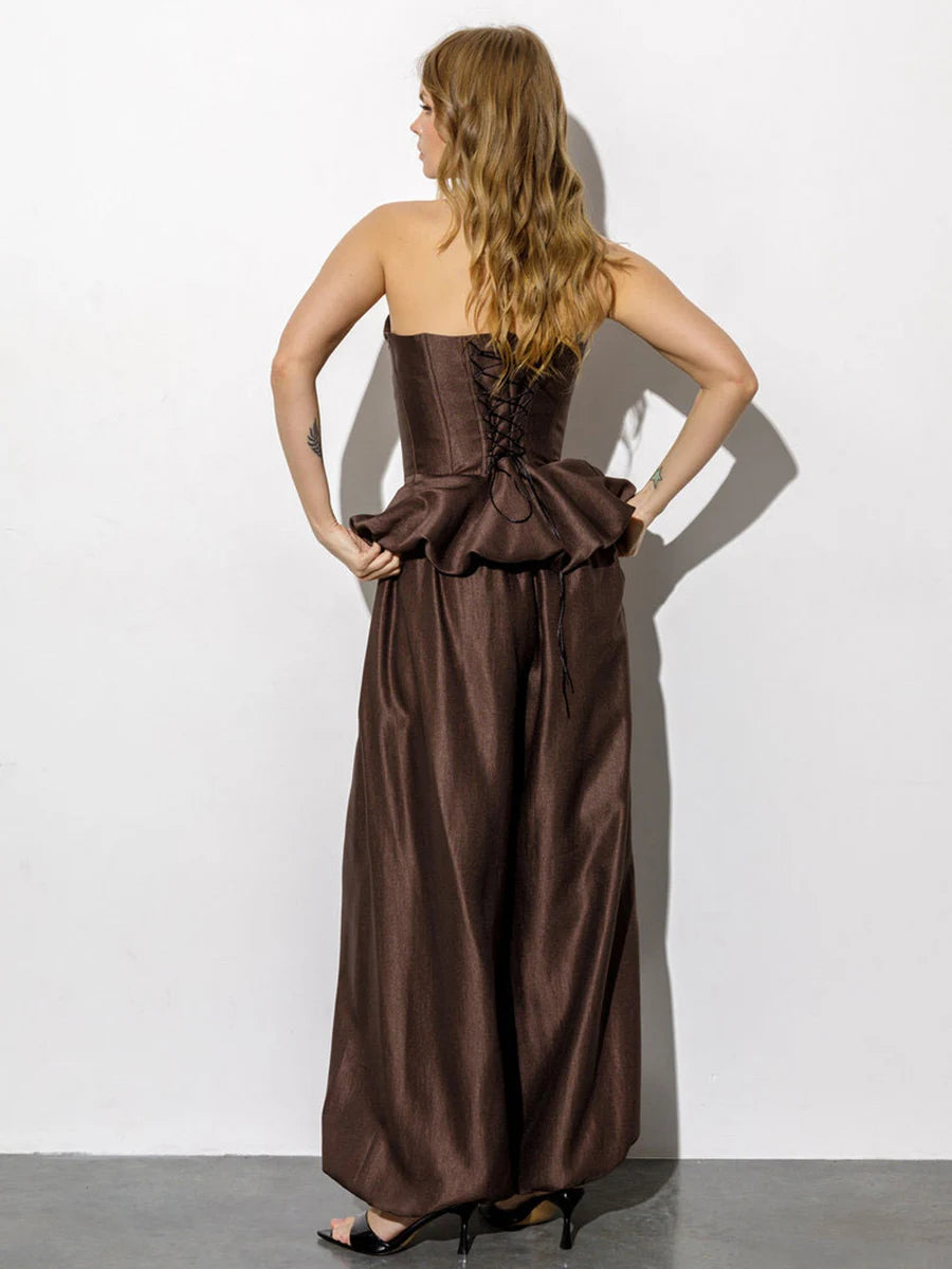 Millicent Satin Peplum Top & Wide-Leg Pants Set