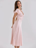 Sabrina Satin Deep-V Midi Dress