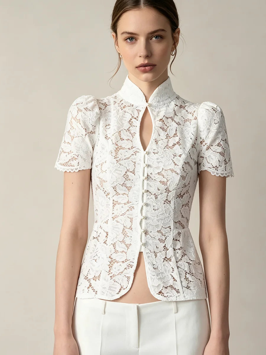 Coralie Pearl-Button Lace Blouse