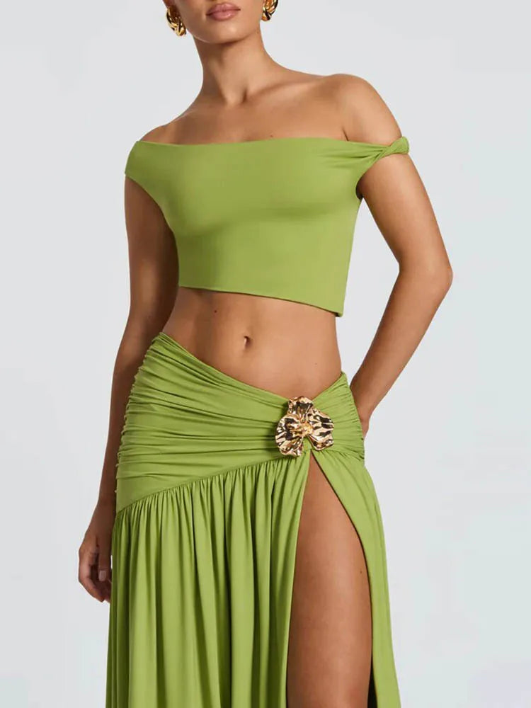 Meridian Metal-Trim Crop Top & Maxi Skirt Set