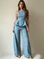 Larkin Cherry Print Denim Peplum Top & Pants Set