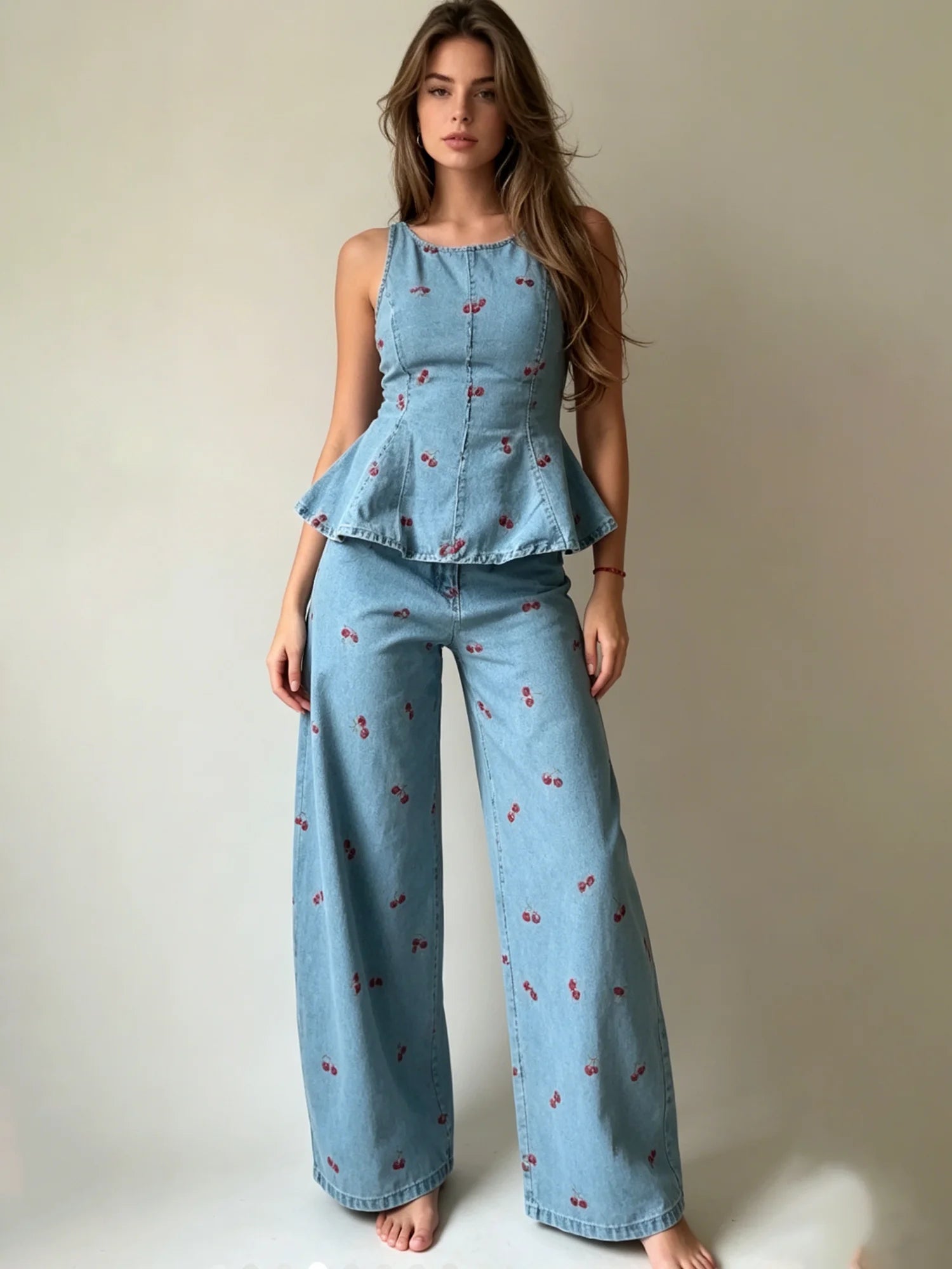 Larkin Cherry Print Denim Peplum Top & Pants Set