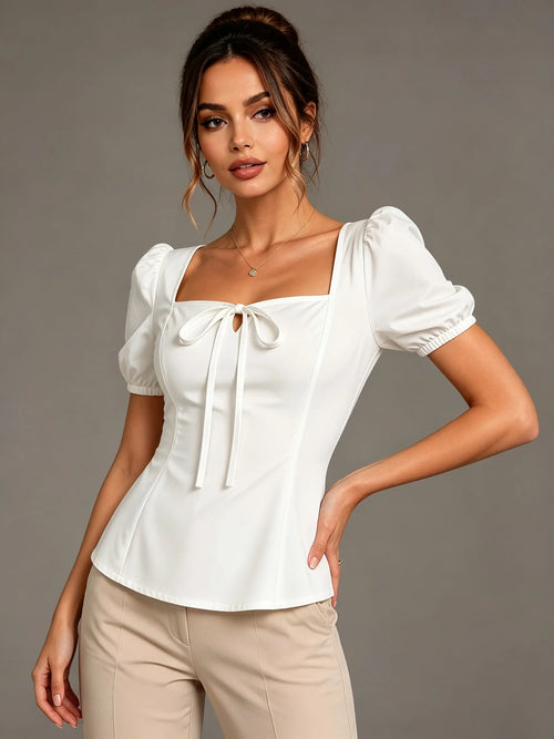Callista Bow-Front Puff-Sleeve Blouse