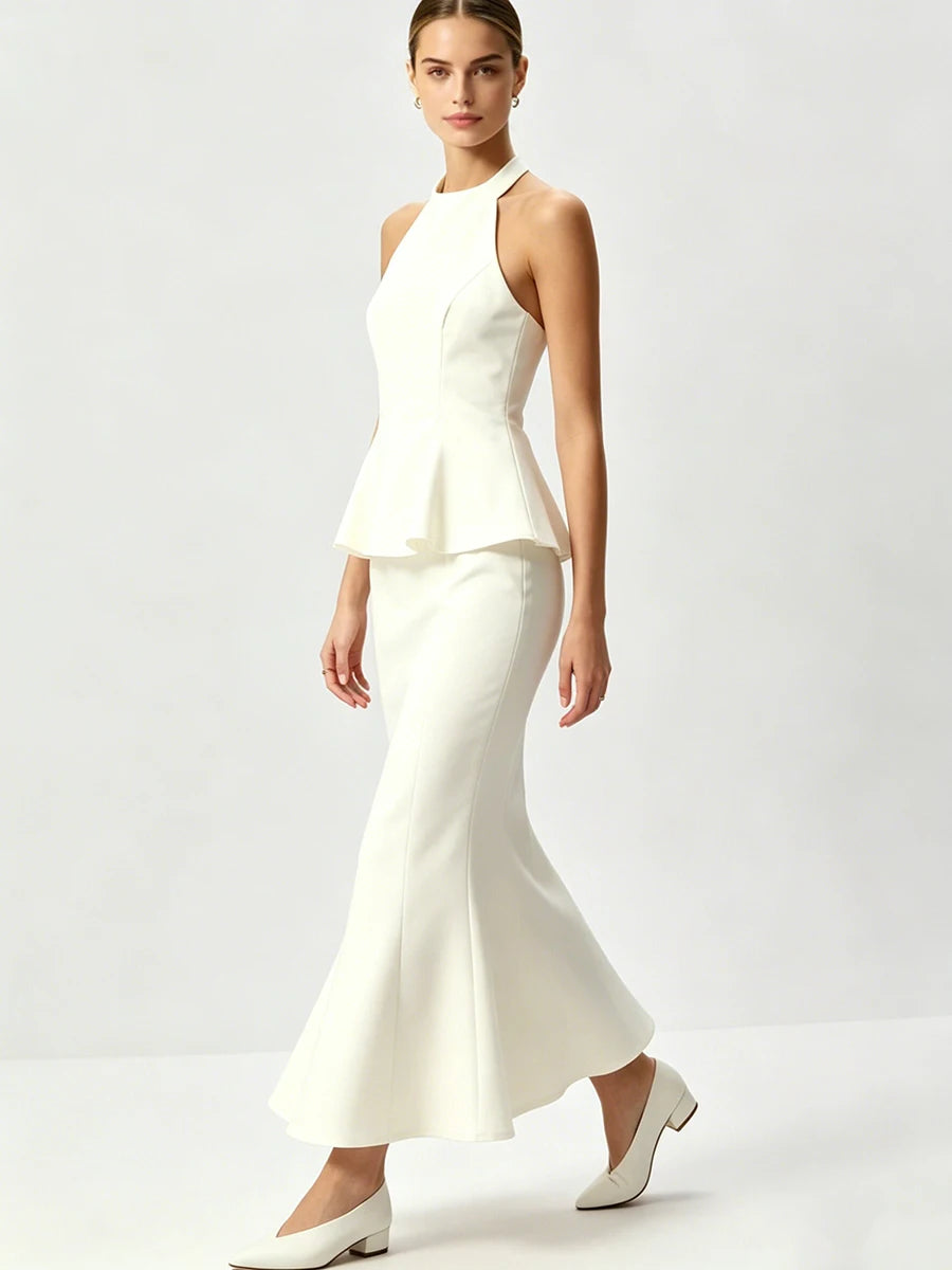 Josette Halter Peplum Fishtail Midi Dress
