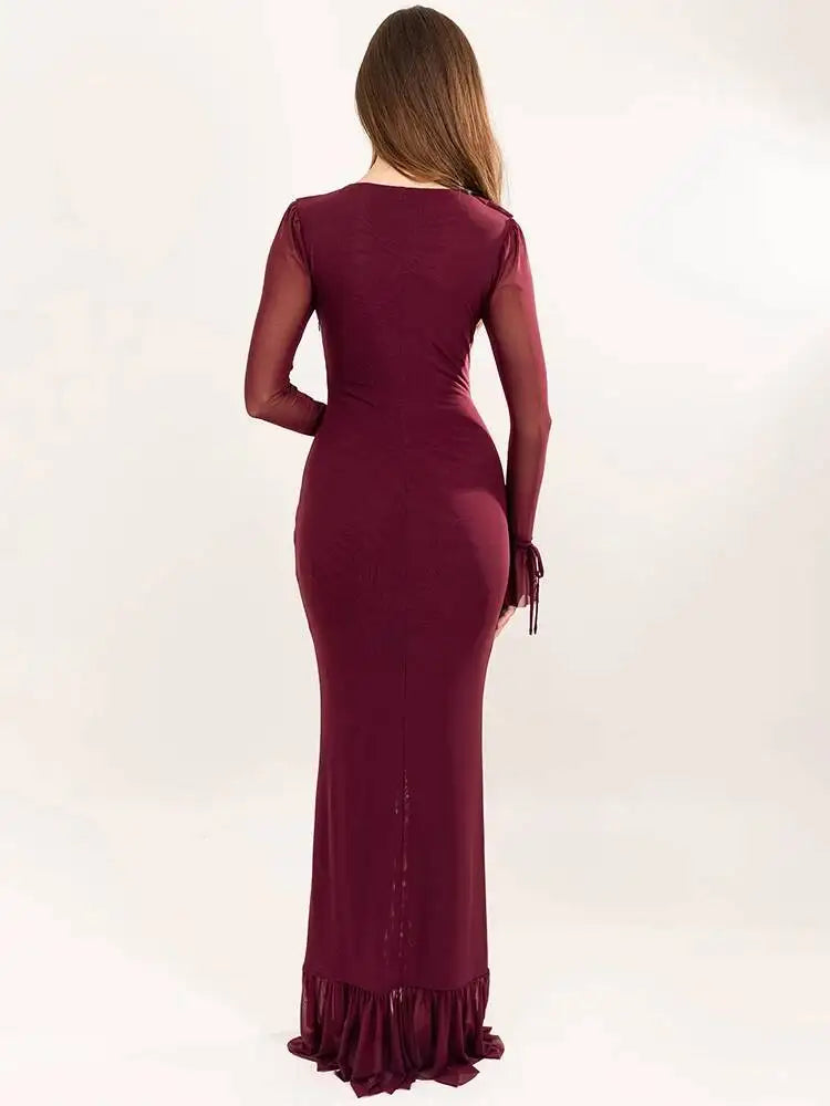 Marceline Deep-V Long-Sleeve Mesh Maxi Dress