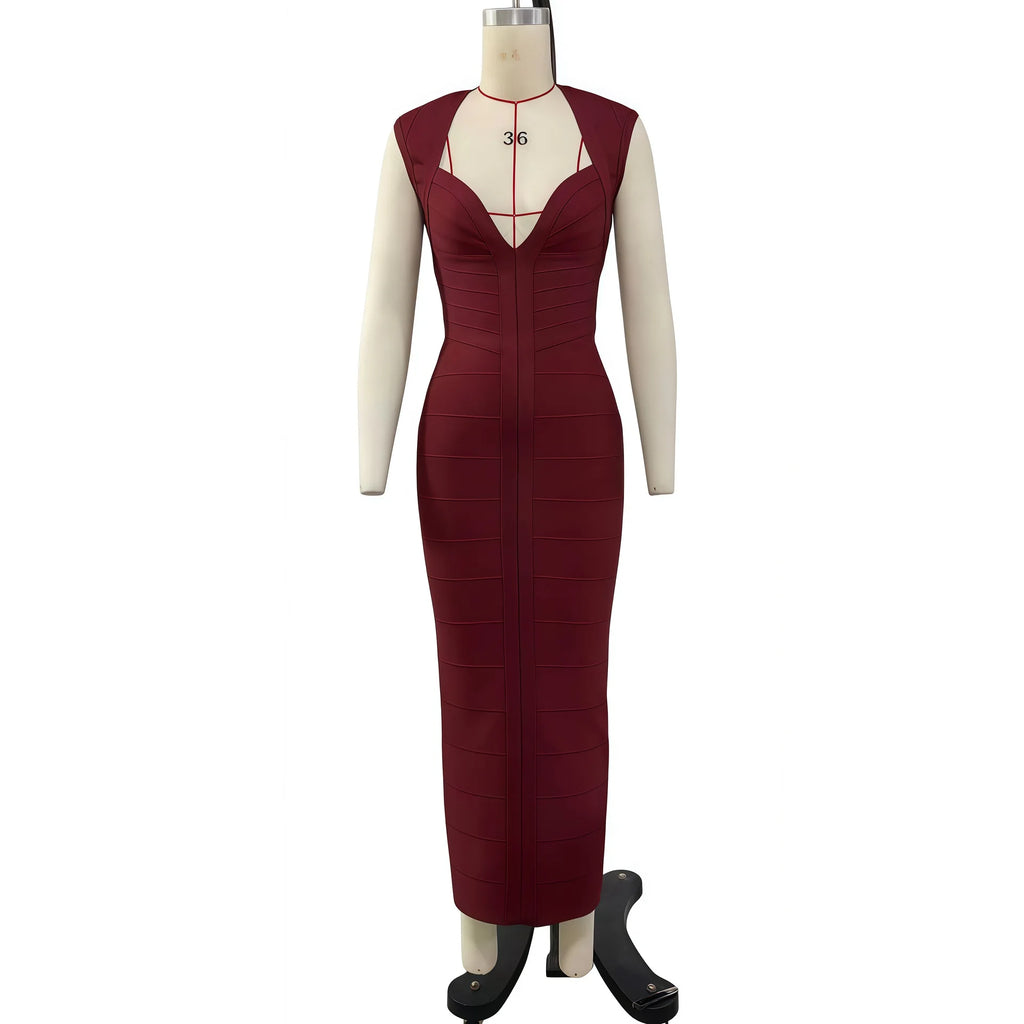 Petronella Claret V-Neck Bodycon Midi Dress
