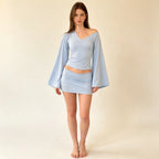 Kiara Flare-Sleeve V-Neck Top & Mini Skirt Set