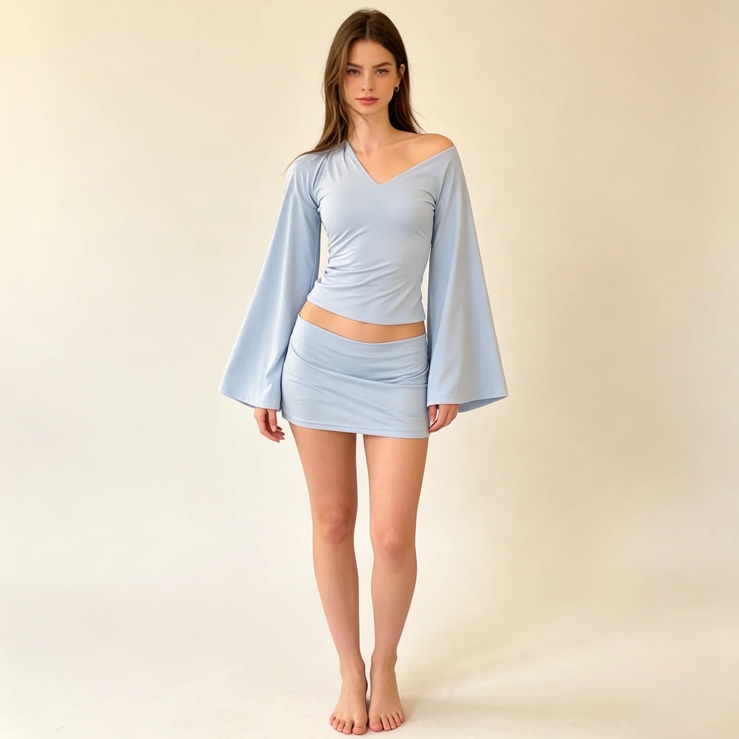Kiara Flare-Sleeve V-Neck Top & Mini Skirt Set