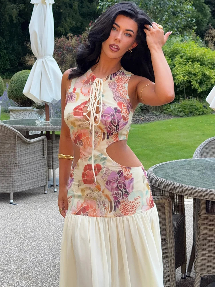 Rosetta Floral Lace-Up Maxi Dress