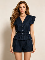 Junia Denim Ruffle-Collar Top & Shorts Set
