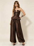 Millicent Satin Peplum Top & Wide-Leg Pants Set