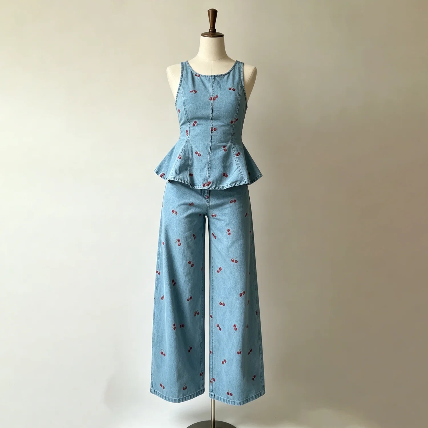 Larkin Cherry Print Denim Peplum Top & Pants Set