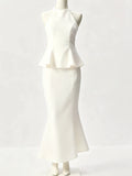 Josette Halter Peplum Fishtail Midi Dress