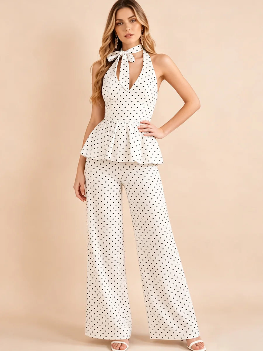 Jolie Polka Dot Peplum & Wide-Leg Pants Set