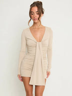 Palmer Long-Sleeve Deep-V Front-Tie Mini Dress