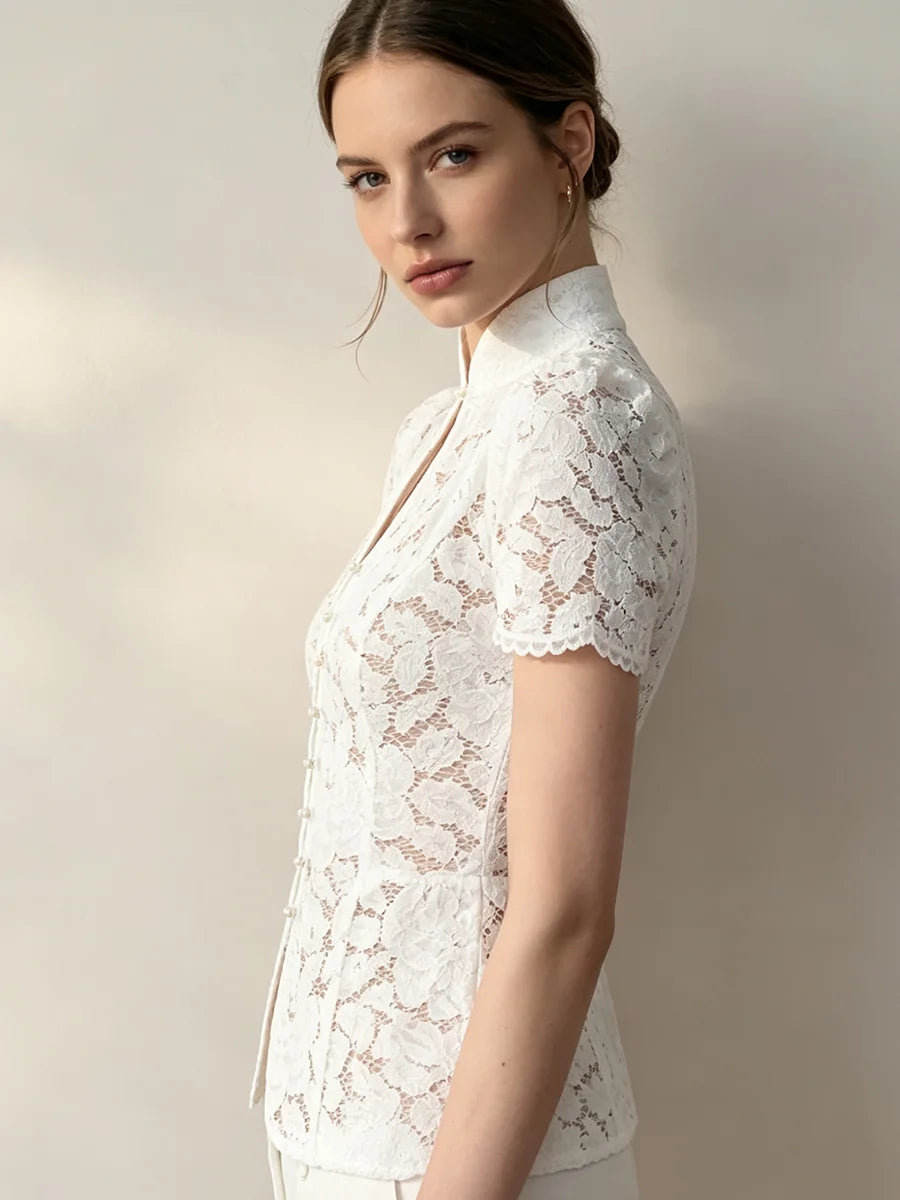 Coralie Pearl-Button Lace Blouse