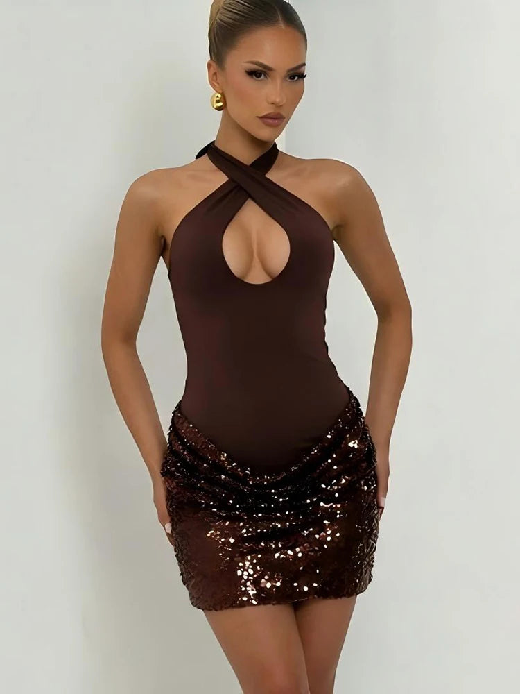 Portia Sequin Cutout Halter Mini Dress