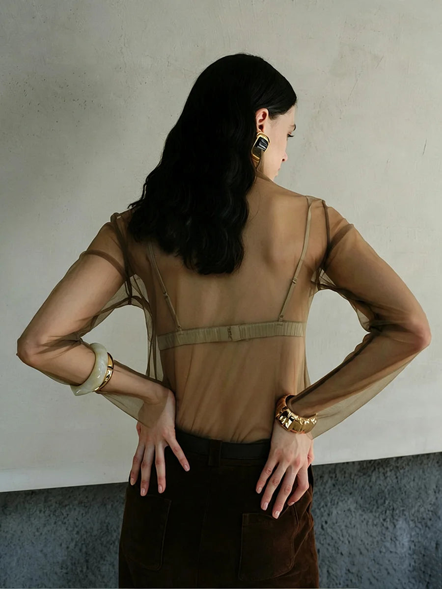 Averie Sheer Mesh Turtleneck Blouse