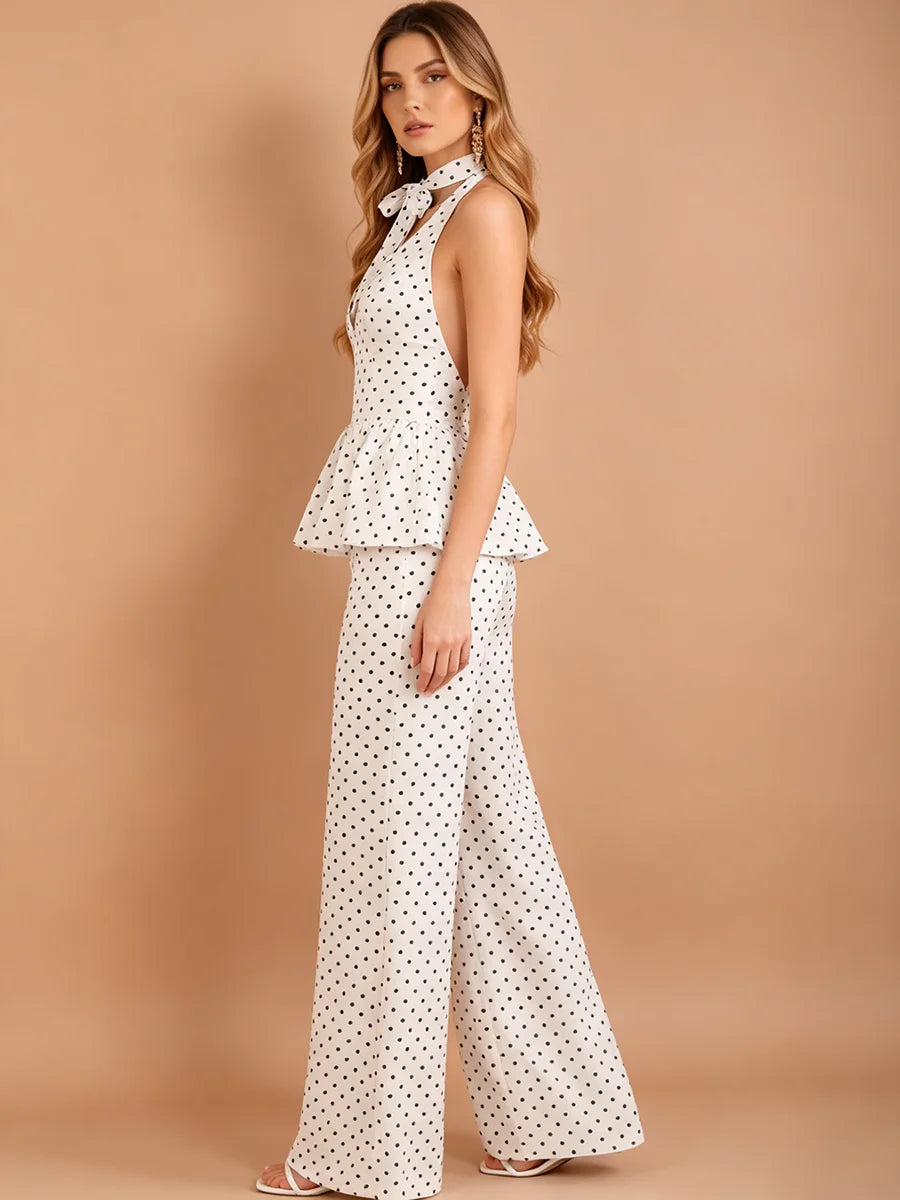 Jolie Polka Dot Peplum & Wide-Leg Pants Set