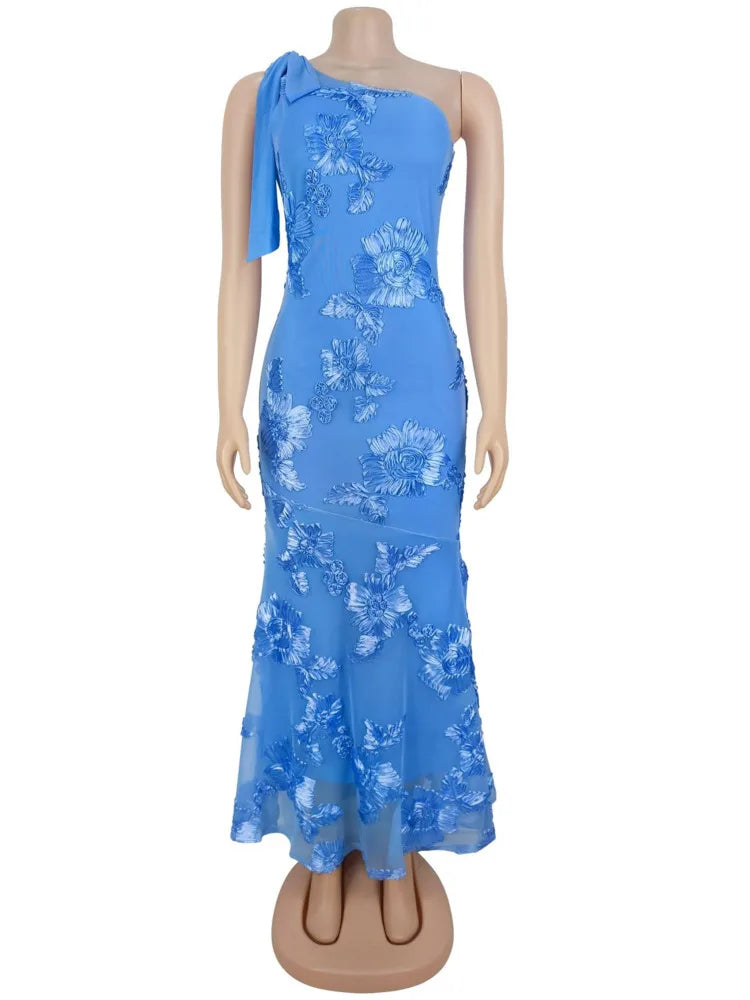 Lumen One-Shoulder Floral Applique Maxi Dress