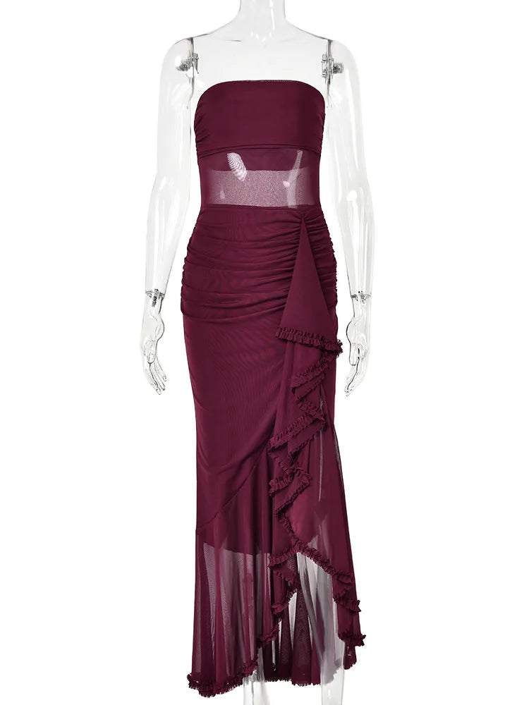 Ludivine Strapless Mesh Ruffle Gown