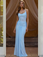 Saffron Lace Mesh Halter Maxi Dress