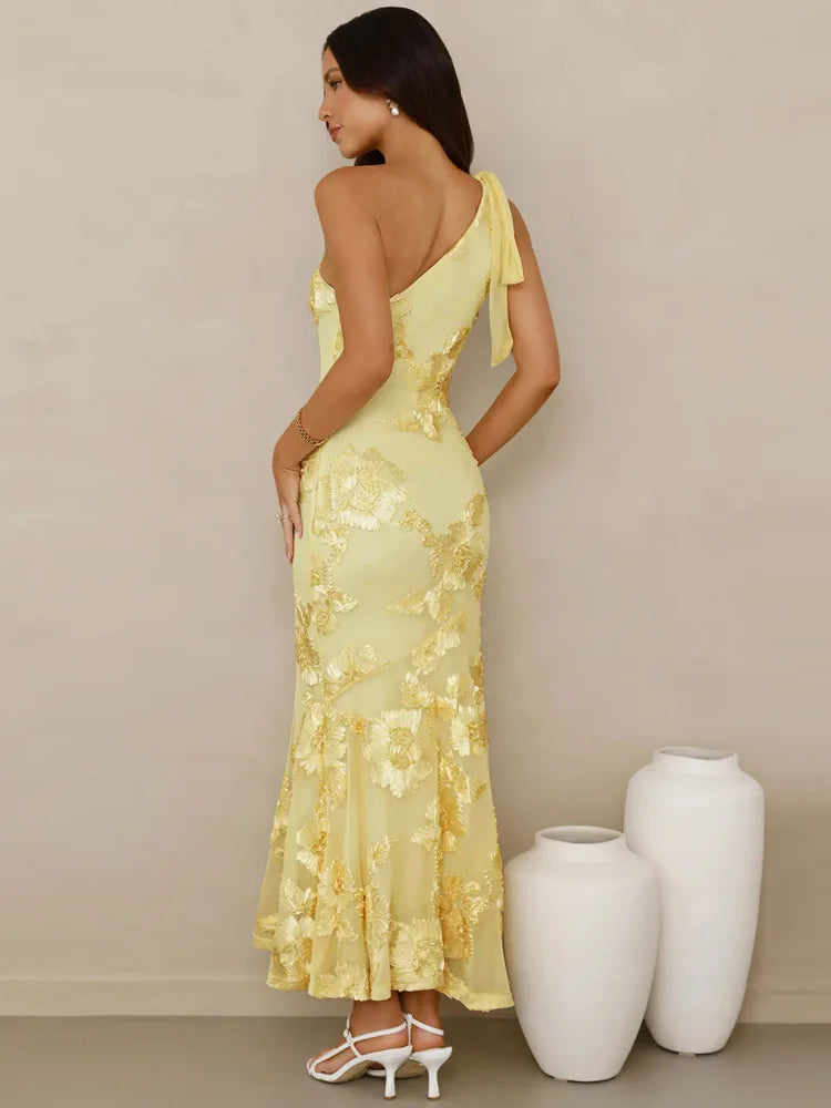 Lumen One-Shoulder Floral Applique Maxi Dress
