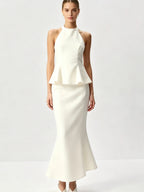 Josette Halter Peplum Fishtail Midi Dress