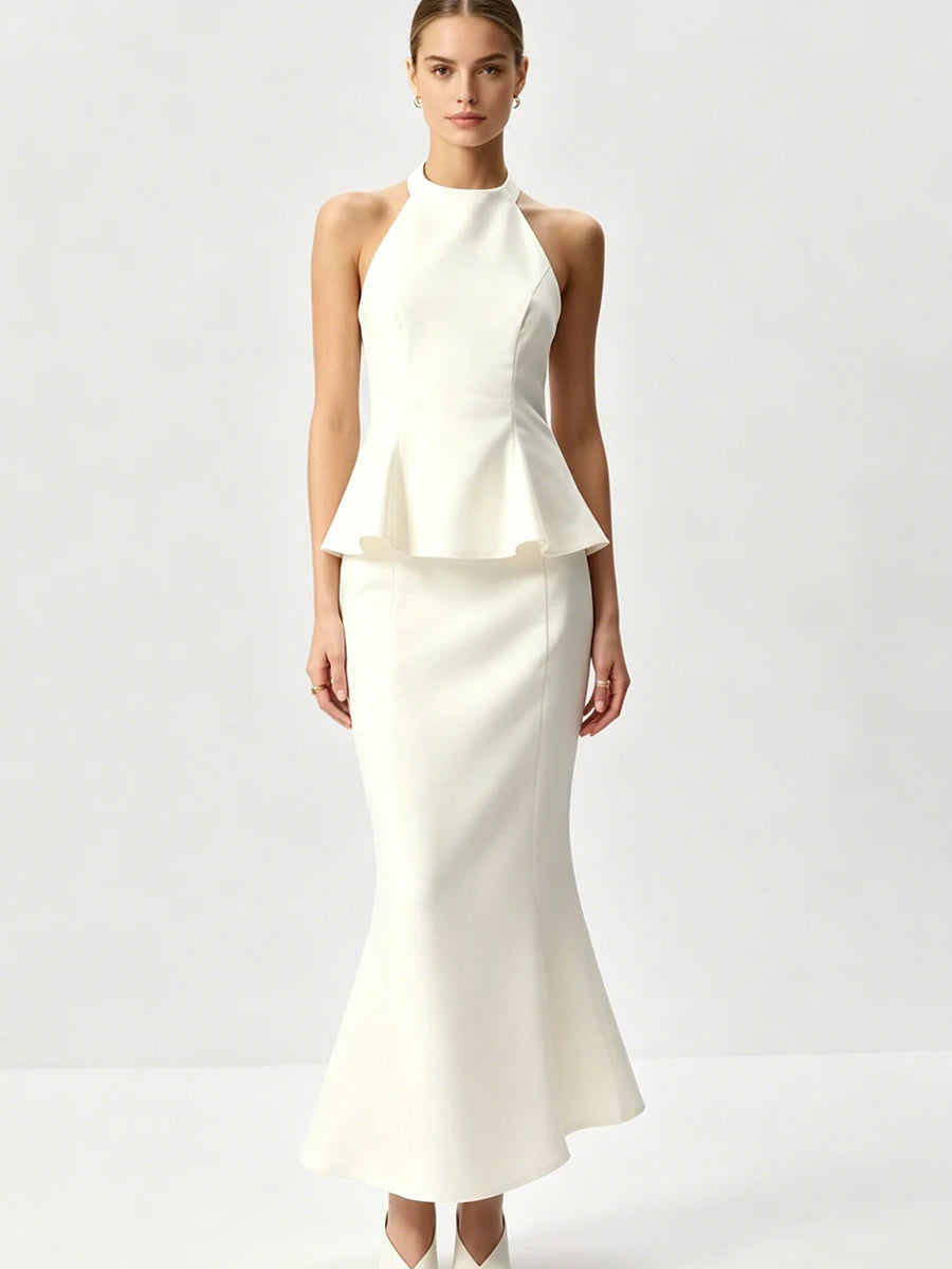 Josette Halter Peplum Fishtail Midi Dress