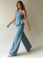 Larkin Cherry Print Denim Peplum Top & Pants Set