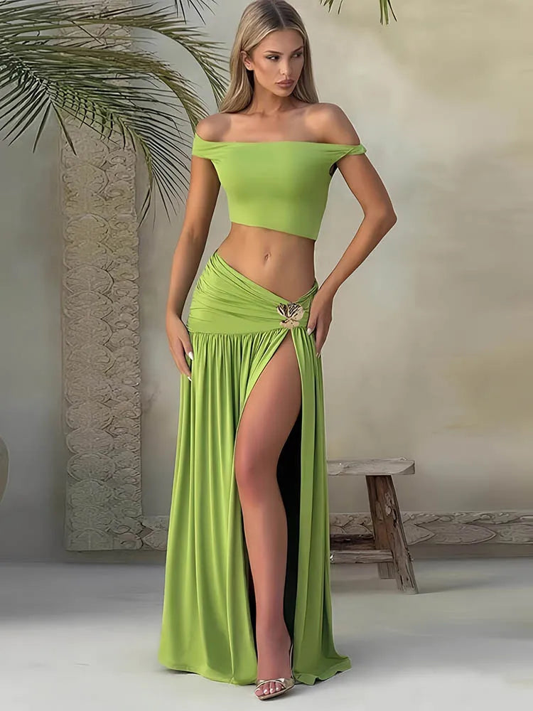 Meridian Metal-Trim Crop Top & Maxi Skirt Set