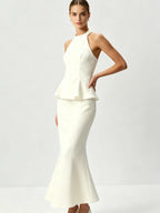 Josette Halter Peplum Fishtail Midi Dress